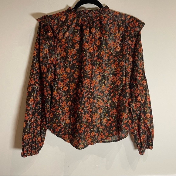 GAP NWT Ruffle Shirt Metallic Cornucopia Red & Black Floral Small - Picture 6 of 9